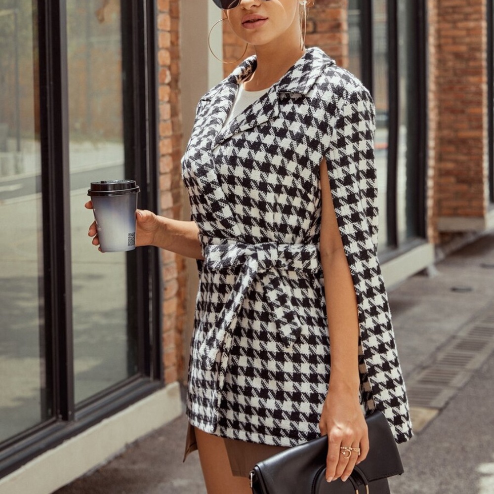 Houndstooth Pattern Belted Tweed glam Cape Jacket Coat - Picture 3 of 7